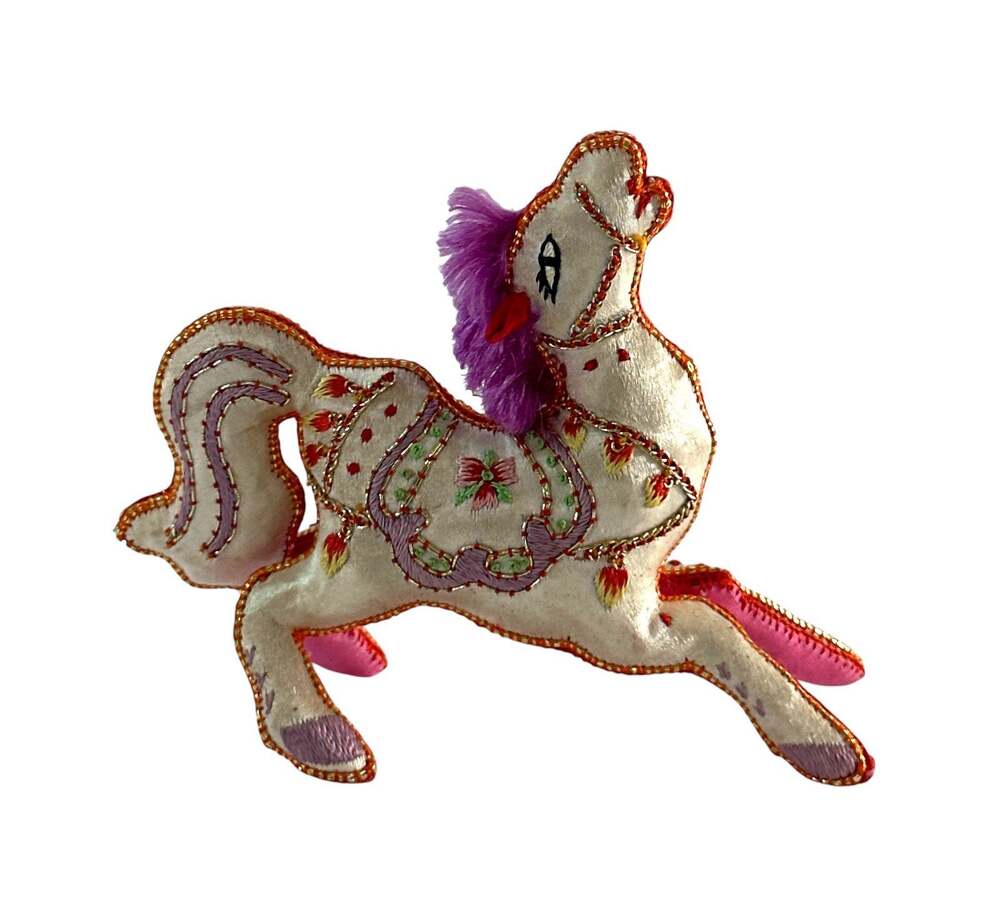 Vintage Style Embroidered Satin Horse Figurine Purple Mane Folk Art Decor
